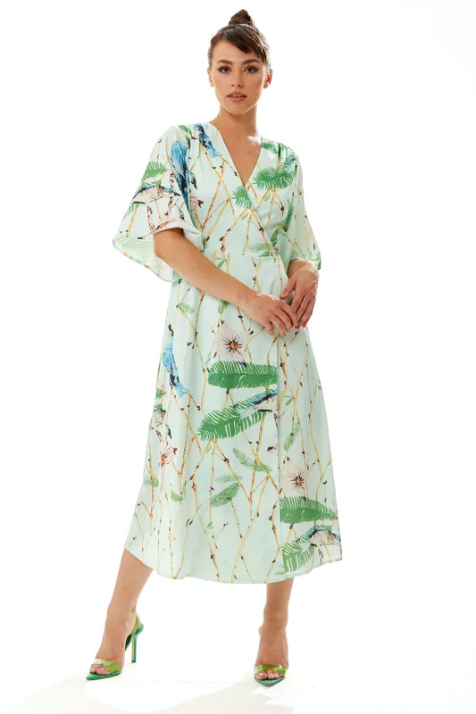 Bird Print Maxi Wrap Dress in Mint Green - Liquorish
