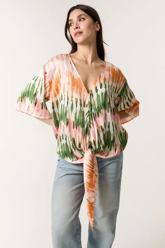 Multi Satin Tie Front Blouse - Blue Vanilla