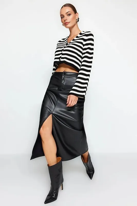 High Waist Faux Leather Maxi Skirt with Front Slit - WOVCOR