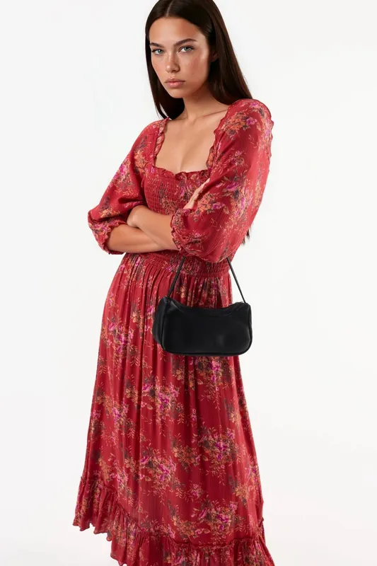 Floral Square Collar Midi Dress - Busem