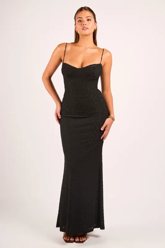Taria Black Floral Flocked Corset Bustier Maxi Dress - Jaded Rose