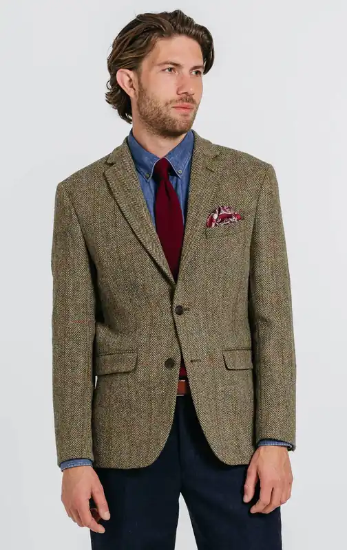 Green Herringbone Windowpane Check Harris Tweed Jacket - Dobell