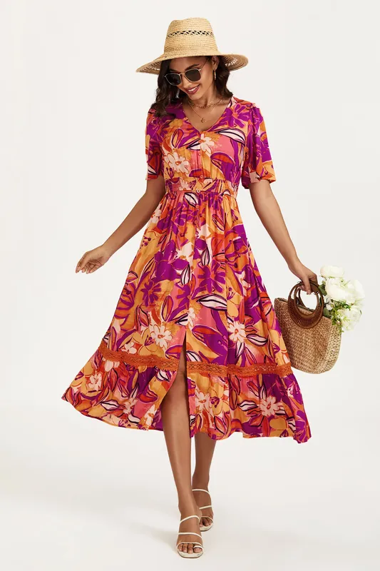 Floral Print Button Down Maxi Dress In Pink Orange - FS Collection