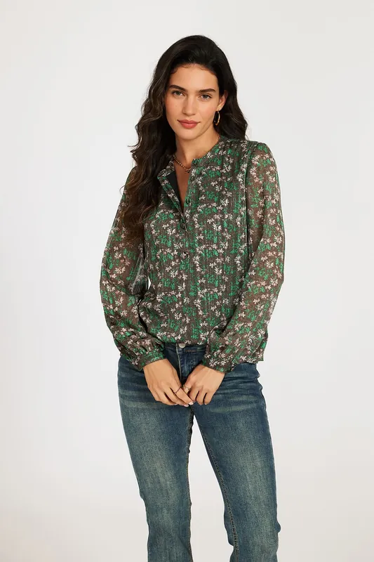 Silver Thread Floral Grandad Sheer Brown Blouse - FS Collection