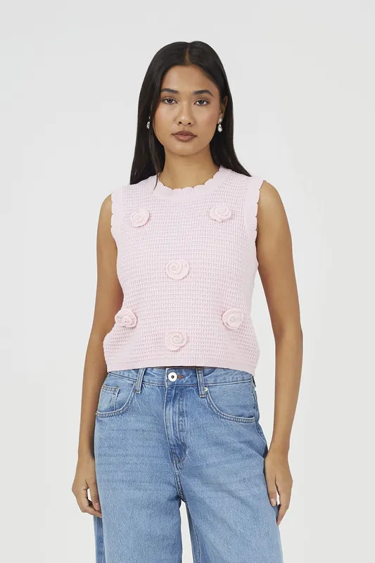 Knitted Crew Neck Tank With Crochet Shells - Brave Soul