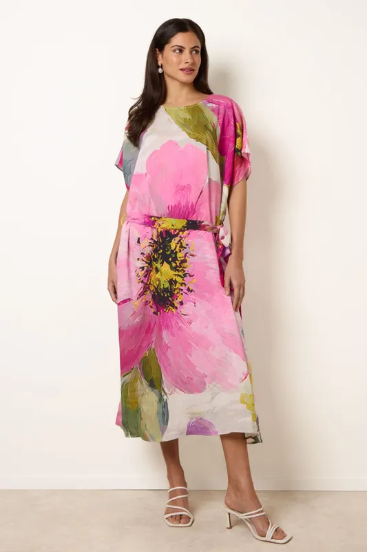 Pink Painterly Floral Tie Waist Midi Dress - Blue Vanilla