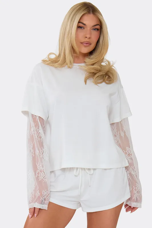 Oversized Long Sleeve Crew Neck Lace T-shirt