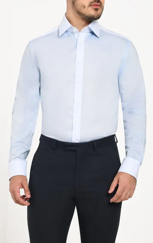 Light Blue Herringbone 100% Cotton Easy Care Shirt - Dobell