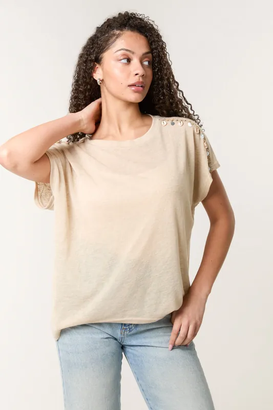 Stone Shell Trim Oversized Top - Blue Vanilla