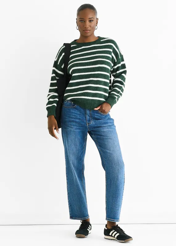 Green Stripe Chunky Knit Oversized Jumper - Gini London