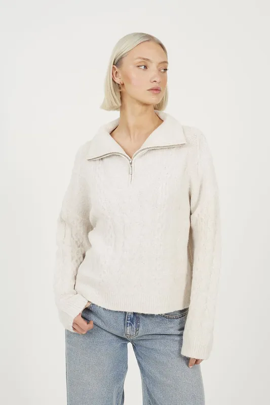 Quarter Zip Cable Knit Jumper - Brave Soul