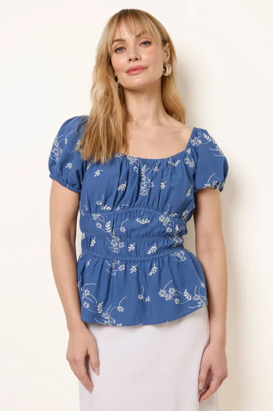 Blue Embroidery Peplum Blouse - Blue Vanilla