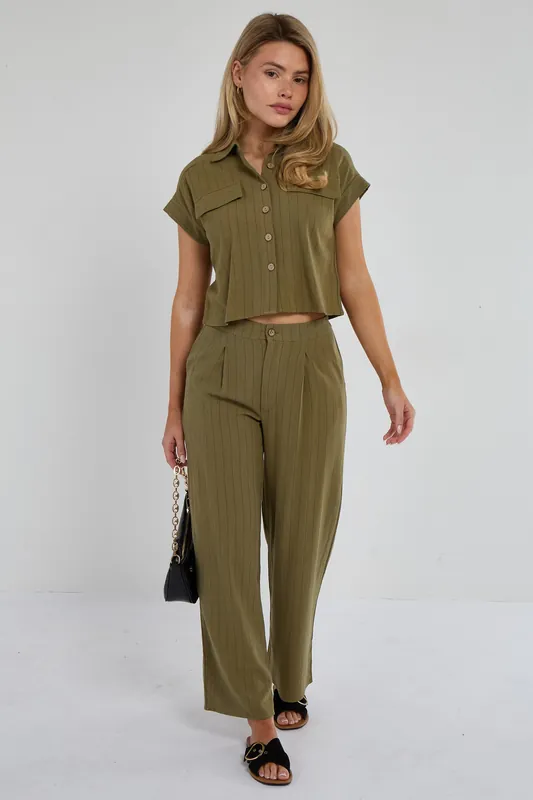 Khaki Pinstripe Linen Shirt and Trousers set - Love Sunshine