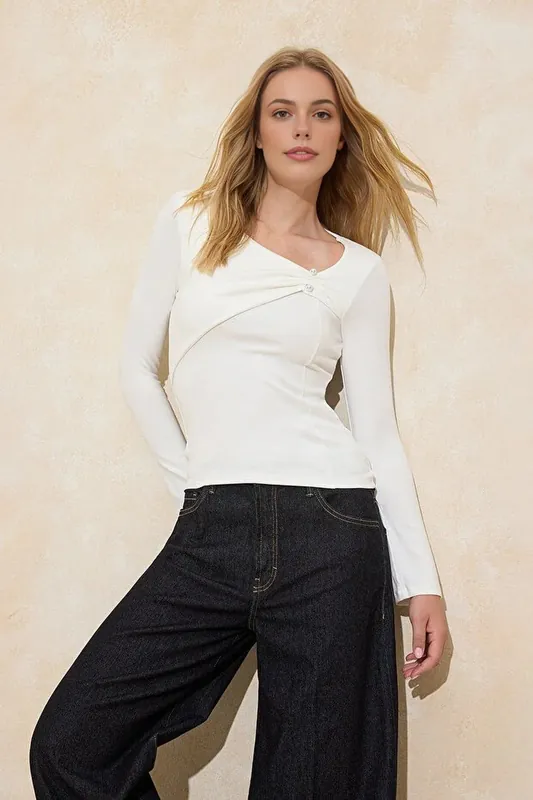 Pearl Detail Twist Asymmetric Long Sleeve Top - WOVCOR