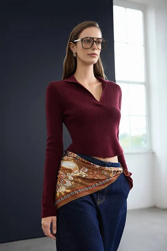 Textured Polo Collar Long Sleeve Knit Jumper - WOVCOR