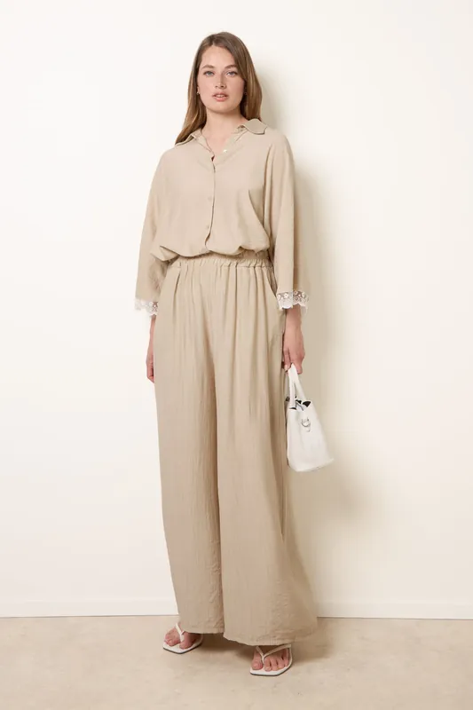 Beige Crinkle Viscose Wide Leg Trousers - Blue Vanilla