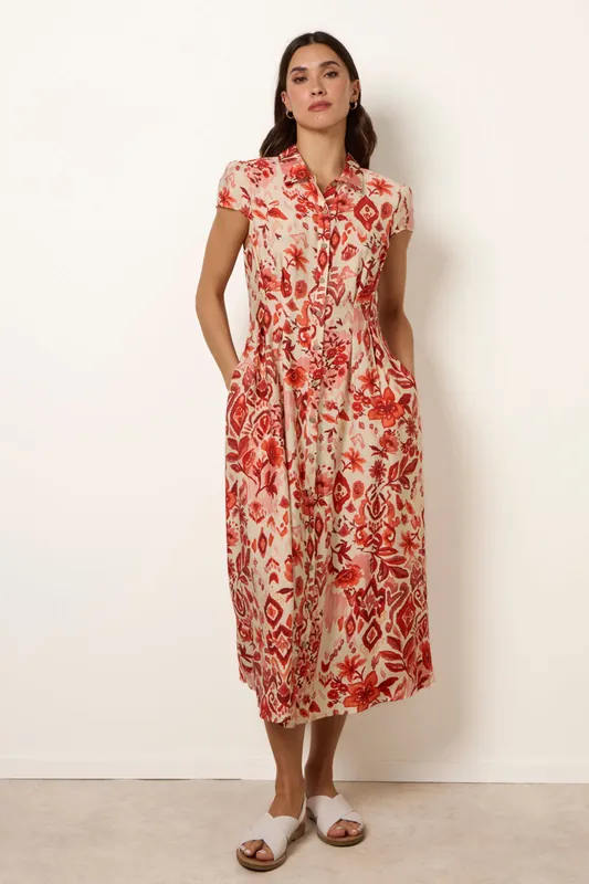 Orange Watercolour Floral Printed Button Front Shirt Dress - Blue Vanilla