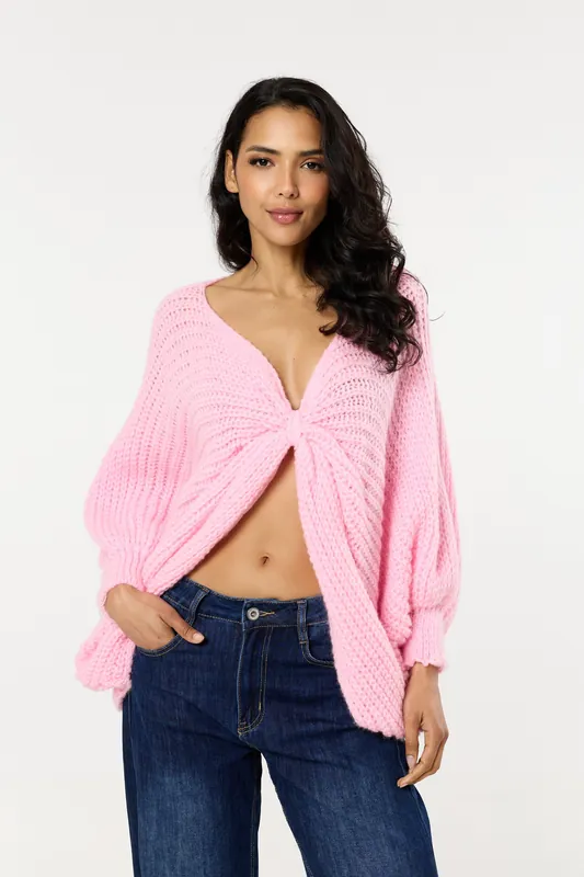 Pink Knot Front Wool Blend Oversized Knit Sweater - Liquorish