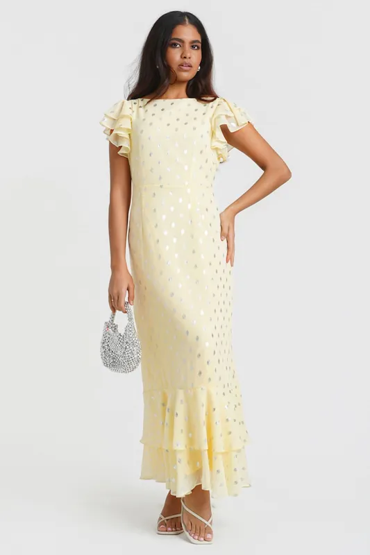 Lemon Flutter Sleeve Foil Midaxi Dress - Needs No Label