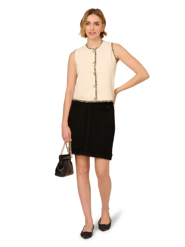 Sleeveless Button Front Knit Tweed Cardigan Vest With Fringe - Adrianna Papell