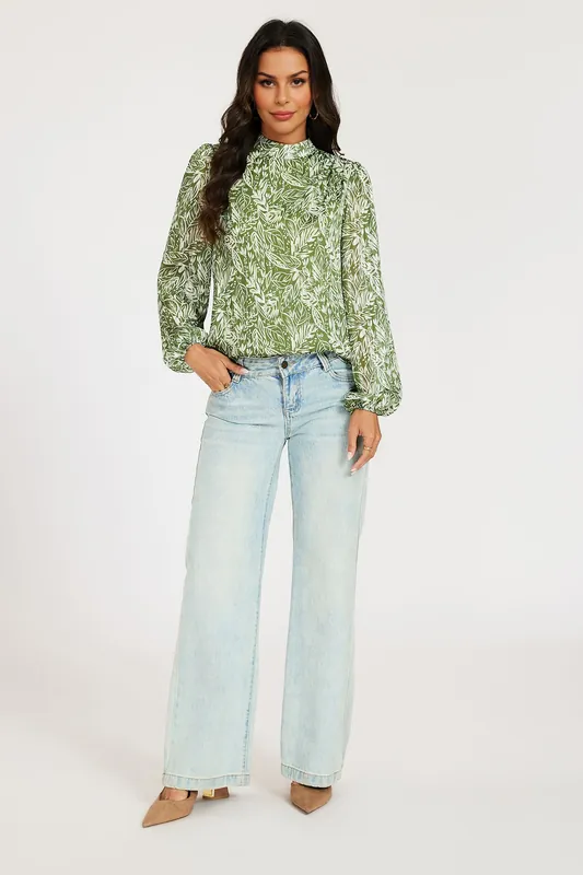 Silver Thread Leaf Long Sleeve High Neck Blouse Top - FS Collection