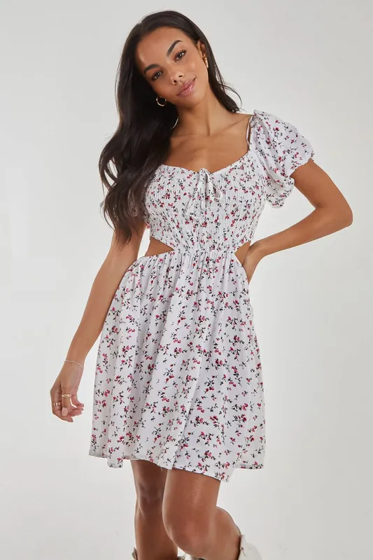 Floral Puff Sleeve Cut Out Dress - Pink Vanilla