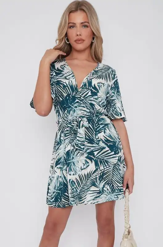 Palm Leaf Print Wrapped Mini Dress - Love Sunshine