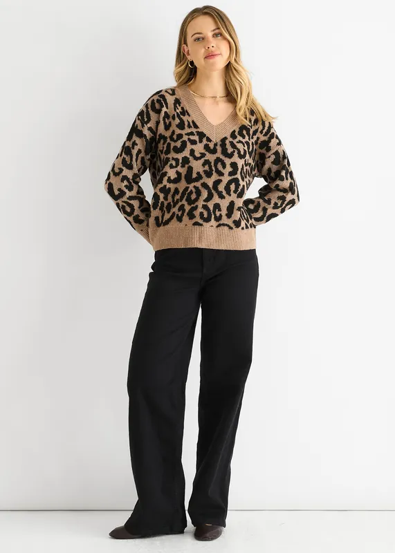 Camel Animal V Neck Short Knit Jumper - Gini London