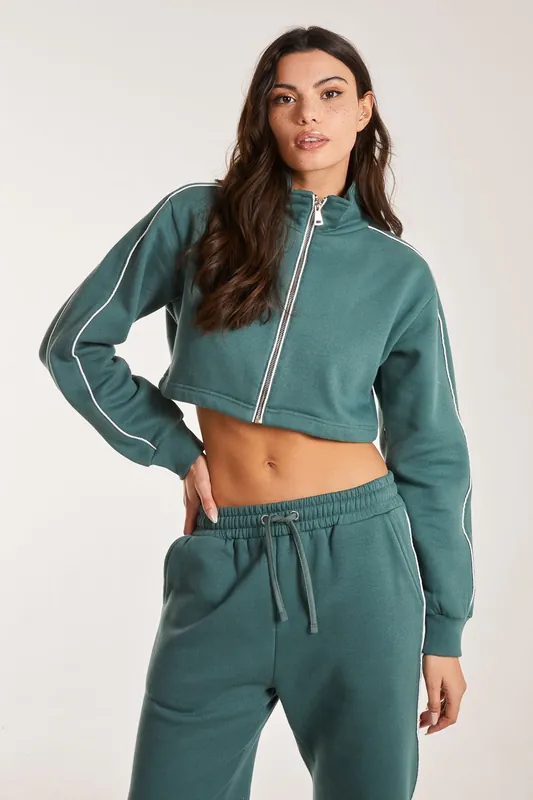 Piping Cropped Zip Up Sweat - Pink Vanilla