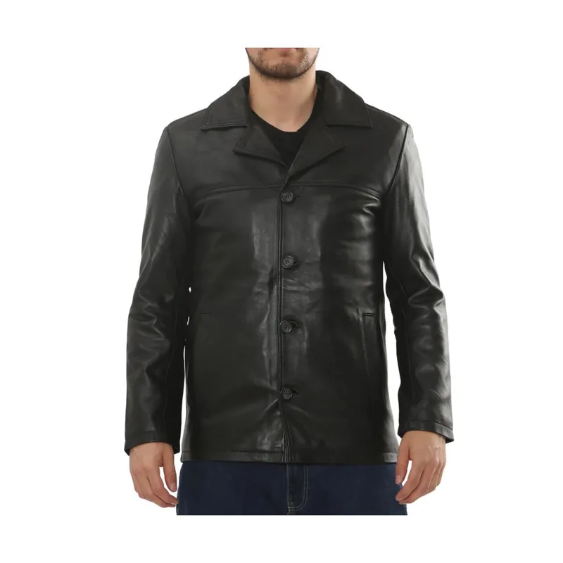 Car Coat Leather Button-Up Jacket Collared Blazer