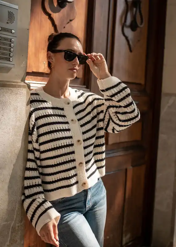 Cream Stripe Cable Knit Crop Cardigan - Gini London