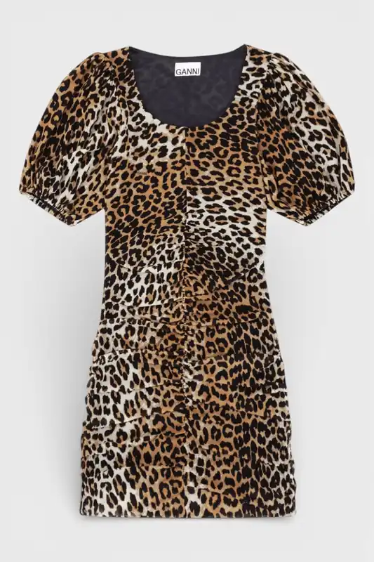 Ruched Mesh Mini Dress Leopard Print - Ganni