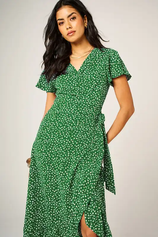 Angel Sleeve Floral Wrap Midi Dress with Hem Frill Detail In Green - FS Collection