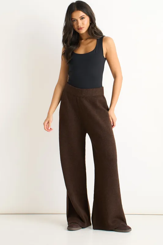 Brown Pull On wide Leg Trousers - Gini London