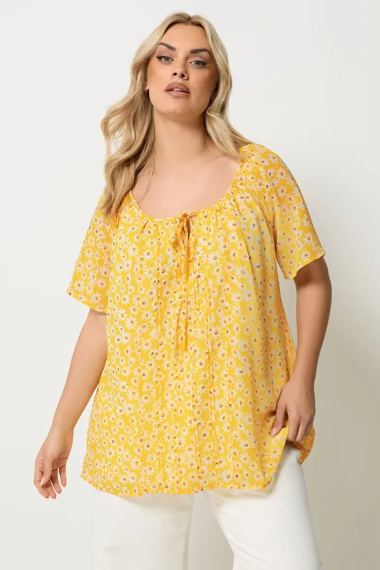 Floral Tie Neck Pintuck Blouse - Yours