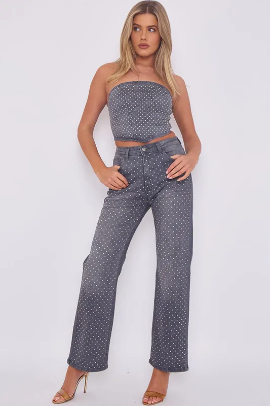 Diamante Studded Front Corset Style Bandeau Denim Crop Top - STYLEWISE