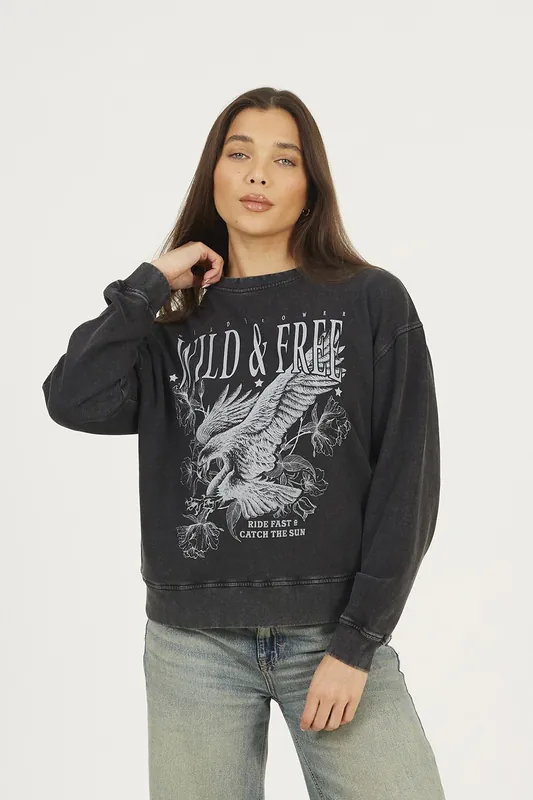 Acid Wash Graphic Print Sweatshirt - Brave Soul