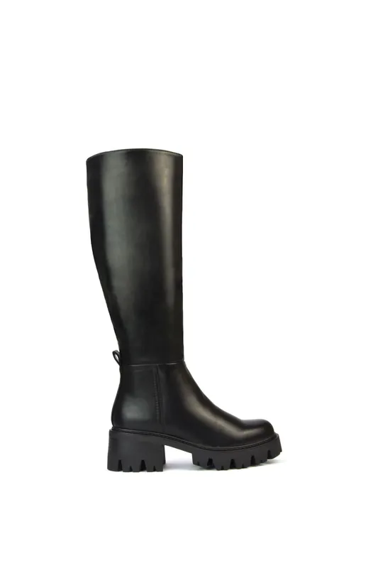Aubree' Chunky Platform Block Heel Knee High Biker Boots - XY London