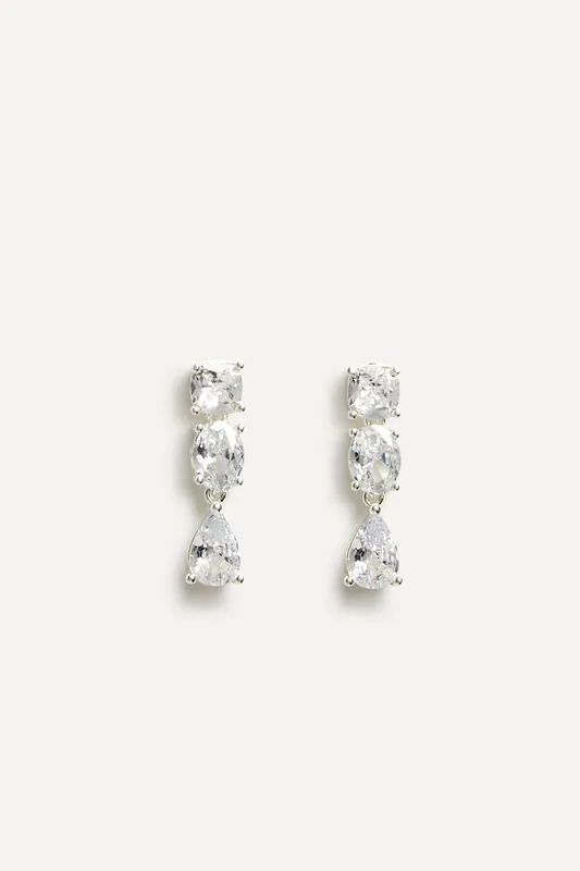 Stardust Silver Crystal Three Stone Drop Earrings - Linzi