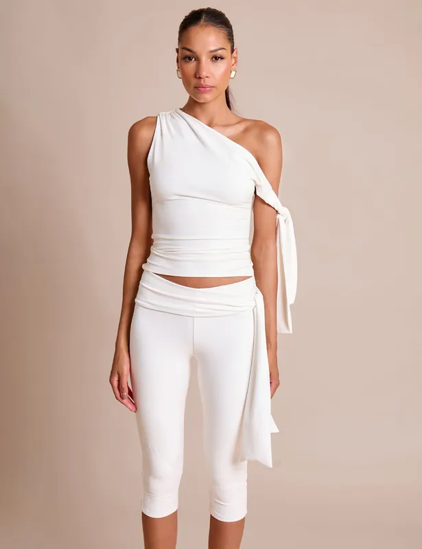 Knot Detail Asymmetric One Shoulder Luxe Slinky Top White - Public Desire