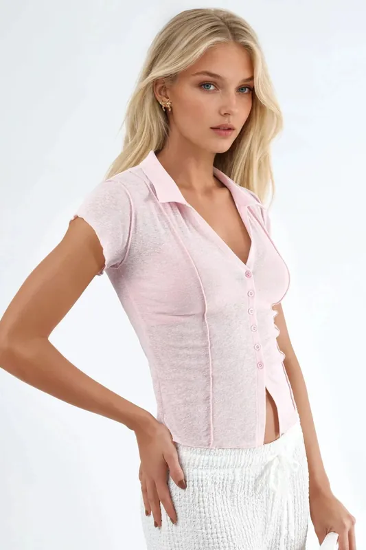 Textured Knitted Short Sleeve Shirt with Buttons - Busem