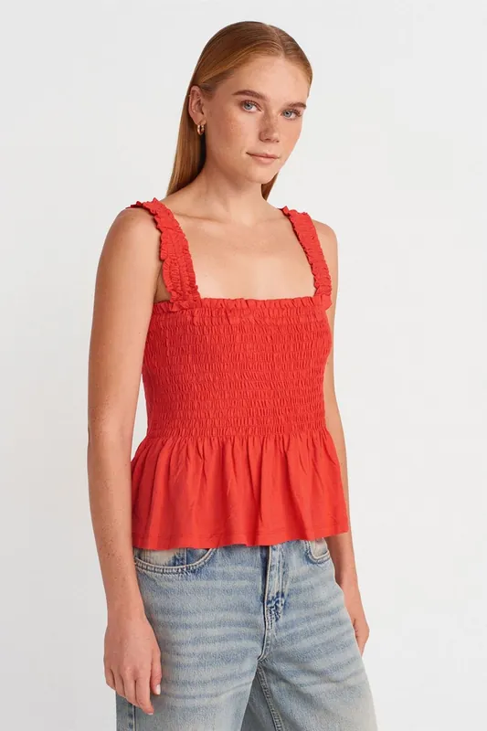 Square-Neck Frilly Sleeveless Blouse
