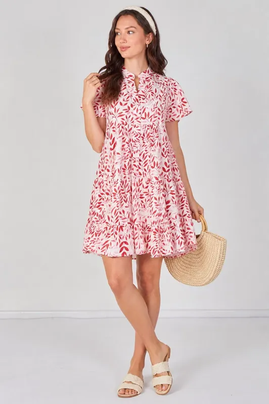 Coral Leaf Print Tiered Mini Dress - Love Sunshine