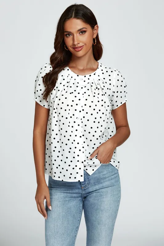 Dot Print Short Sleeves Top In White - FS Collection