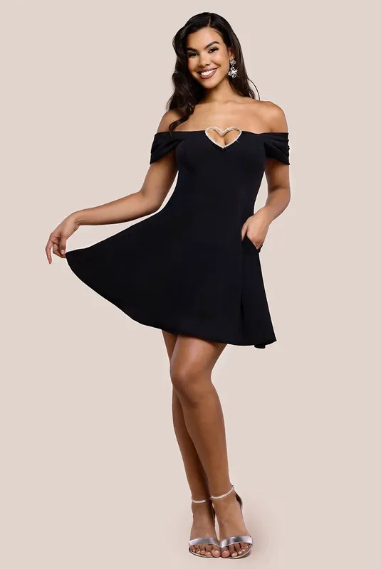 Diamante Heart Trim A Line Mini Dress - Goddiva