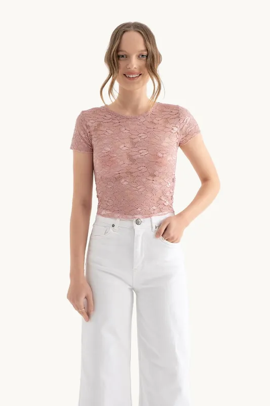Flowers Embroidered Round Neck Mesh Top - Hiccup