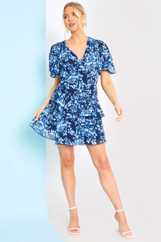 Floral Chiffon Wrap Detail Mini Dress - In The Style