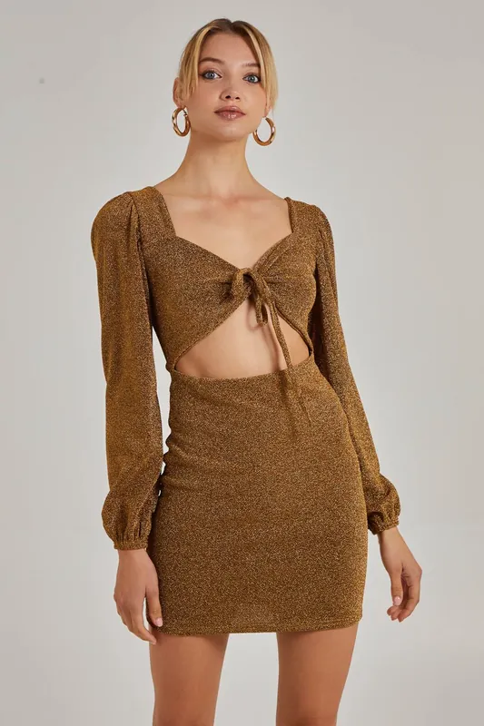 Glitter Puff Sleeve Cut Out Dress - Pink Vanilla