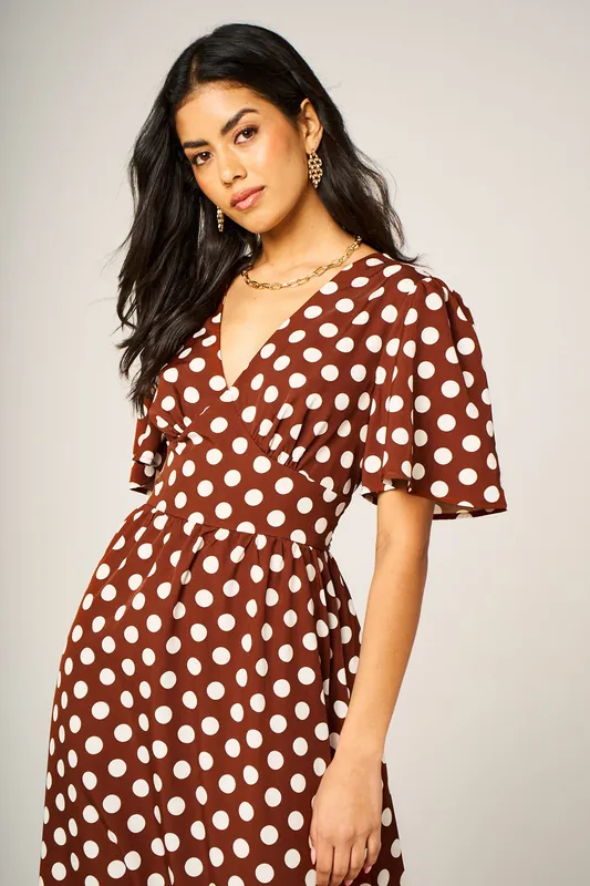 Polka Dot V-Neck Angel Sleeve Midi Dress
