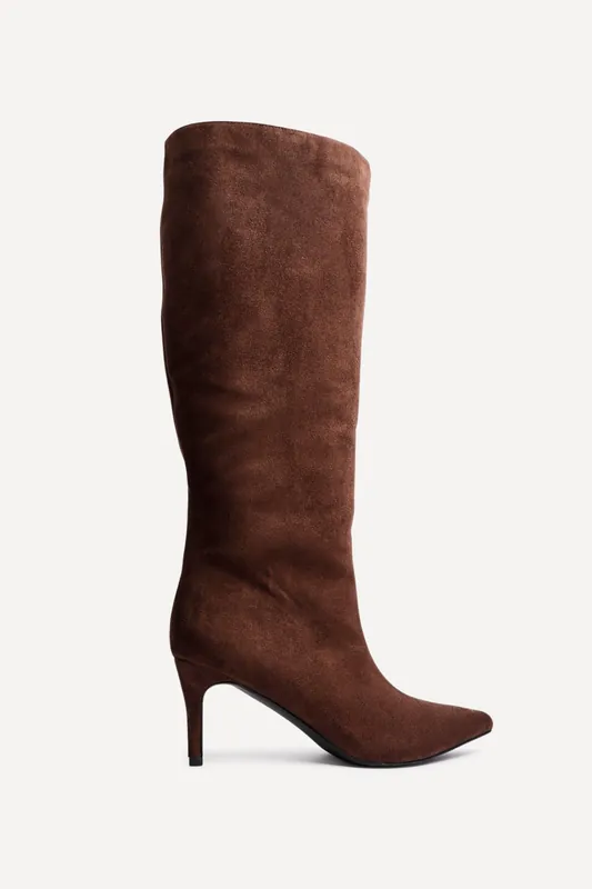 Onyx Brown Faux Suede Pointed Toe High Leg Heeled Boots - Linzi